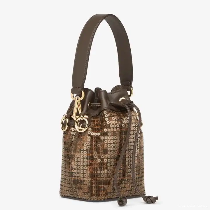Cheap HOT Mon Brown Sequins with Bag Bucket In Fabric Tresor Mini FF Motif Fendi 0506